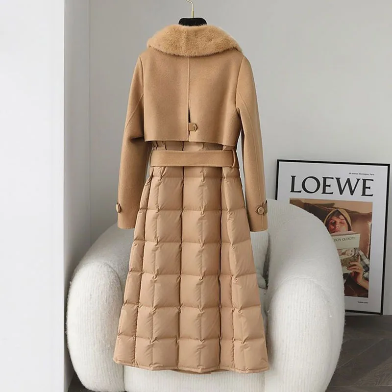 Fall Winter New Mink Collar Double-Sided Tweed Cashmere Jacket Women Overcoat Stitching Cotton Coat Long Woolen Trenchcoat Coat