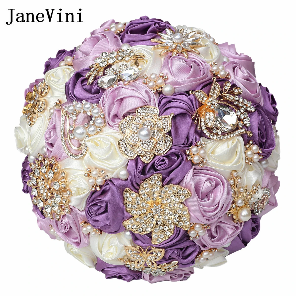 JaneVini ślub Luxury Gold Rhinestones Wedding Bouquet Bling Crystal Purple Roses Artificial Bridal Flowers Bouquets Gelin Buketi