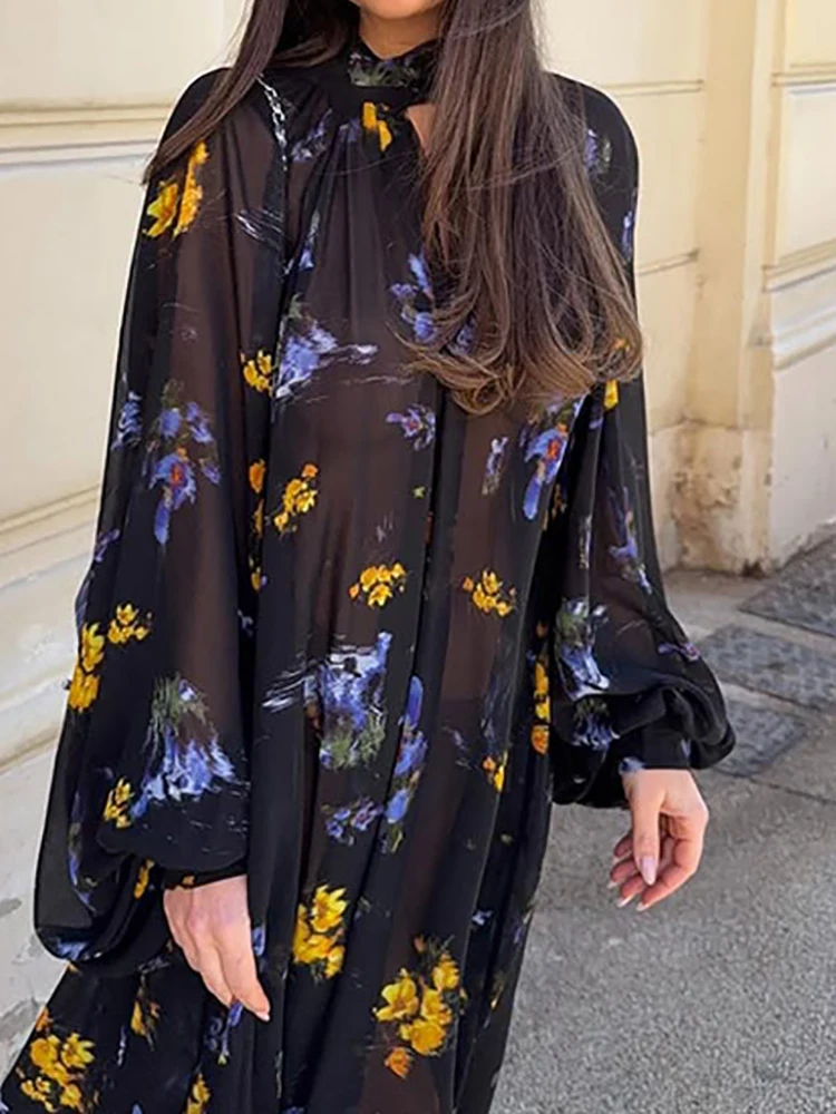 Dame Mode Laterne Hülse Durchsichtig Spitze Up Party Kleid Weibliche Chic High Street Täglichen Tragen Elegante Blumen Druck Maxi Vestido
