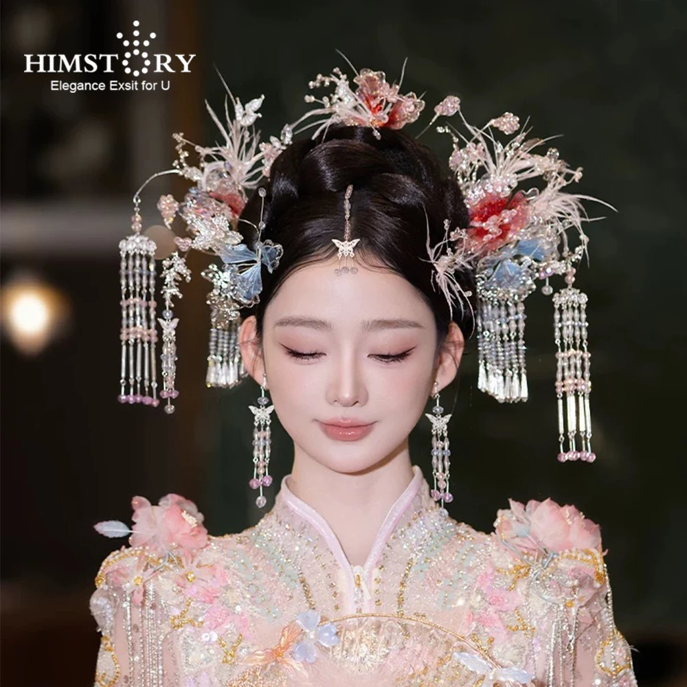 

HIMSTORY Vintage Chinese Style Pink Bride Hairpins Butterfly Eyebrow Pendant Xiuhe Feather Crystal Tassel Headdress Accessories