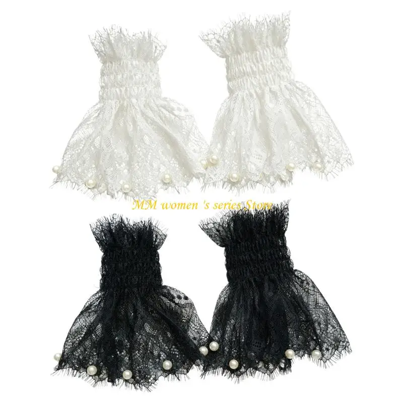 Q39C Stylish Imitation Pearls Embellished Fingerless Wrist Cuffs Gloves For Elegant Nails Art Props And Fashion Detail
