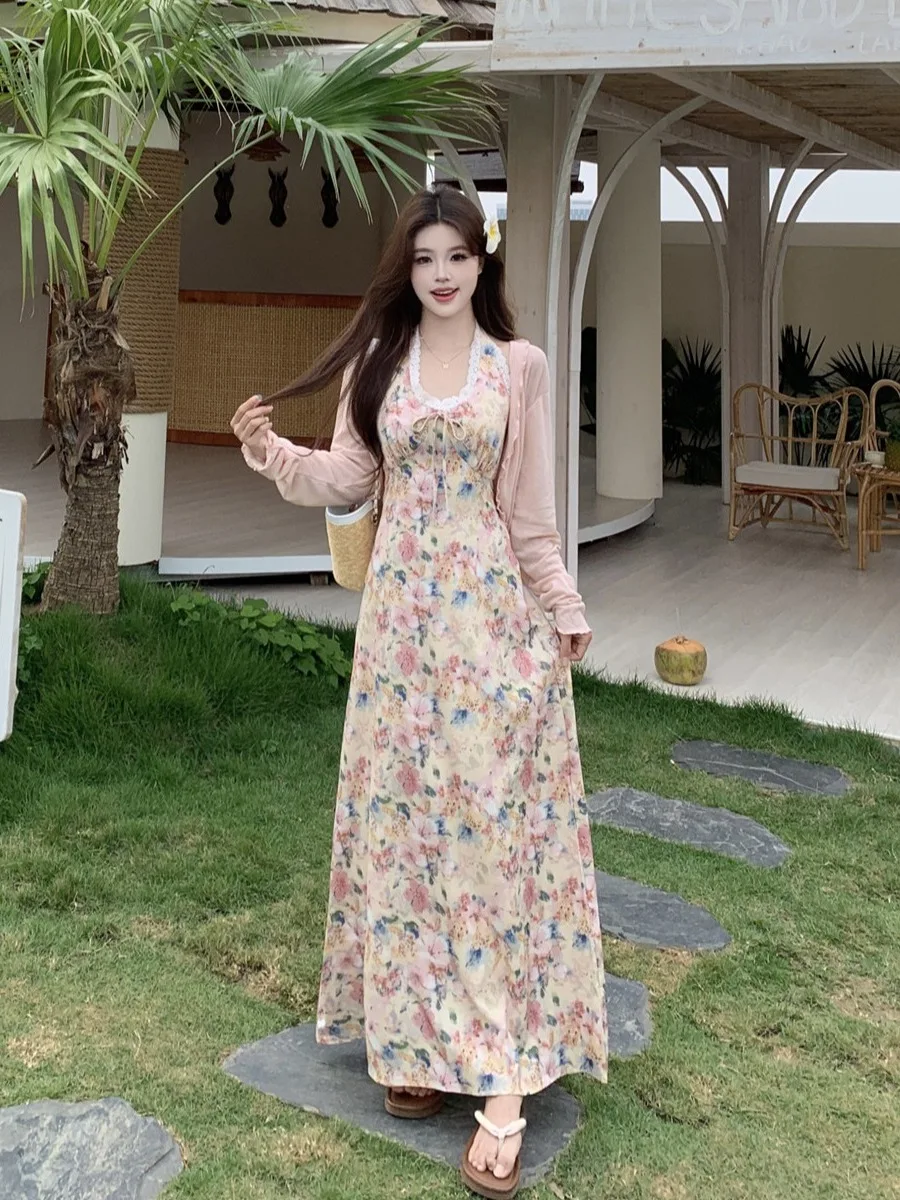 

Romantic Vacation Large Size Women's Dress Neck V-Neck Floral Print A-Line Skirt Long Sleeve High Waist Korean Style Commute