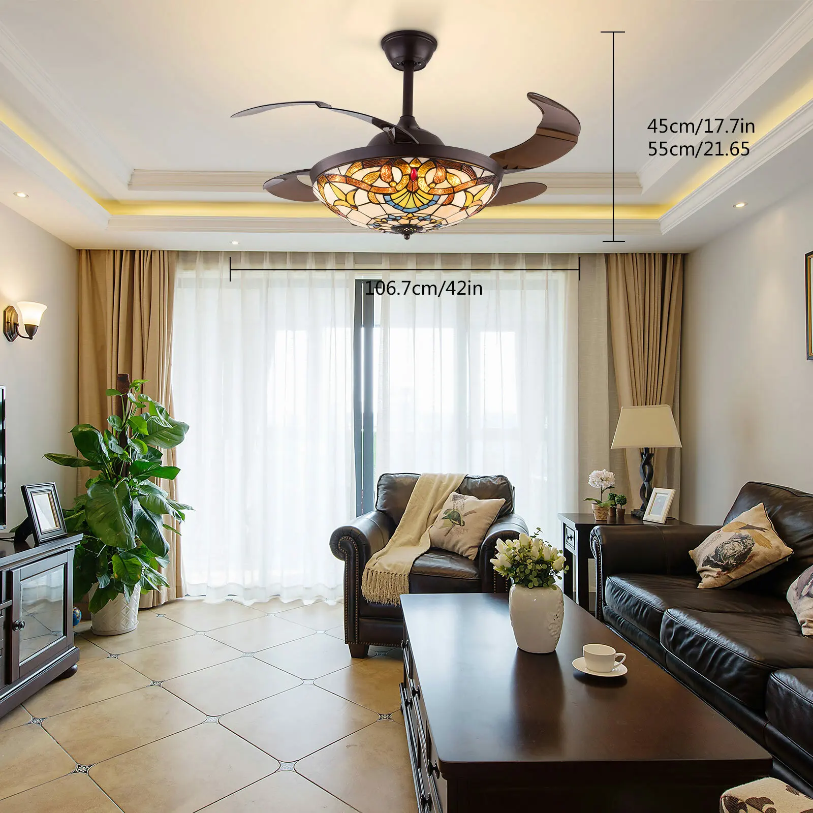 42 Inch Tiffany Style Retractable Ceiling Fan with LED Light, Remote Control, 3 Color Changing & 3 Speed Fan Light for Living Room Dining Room