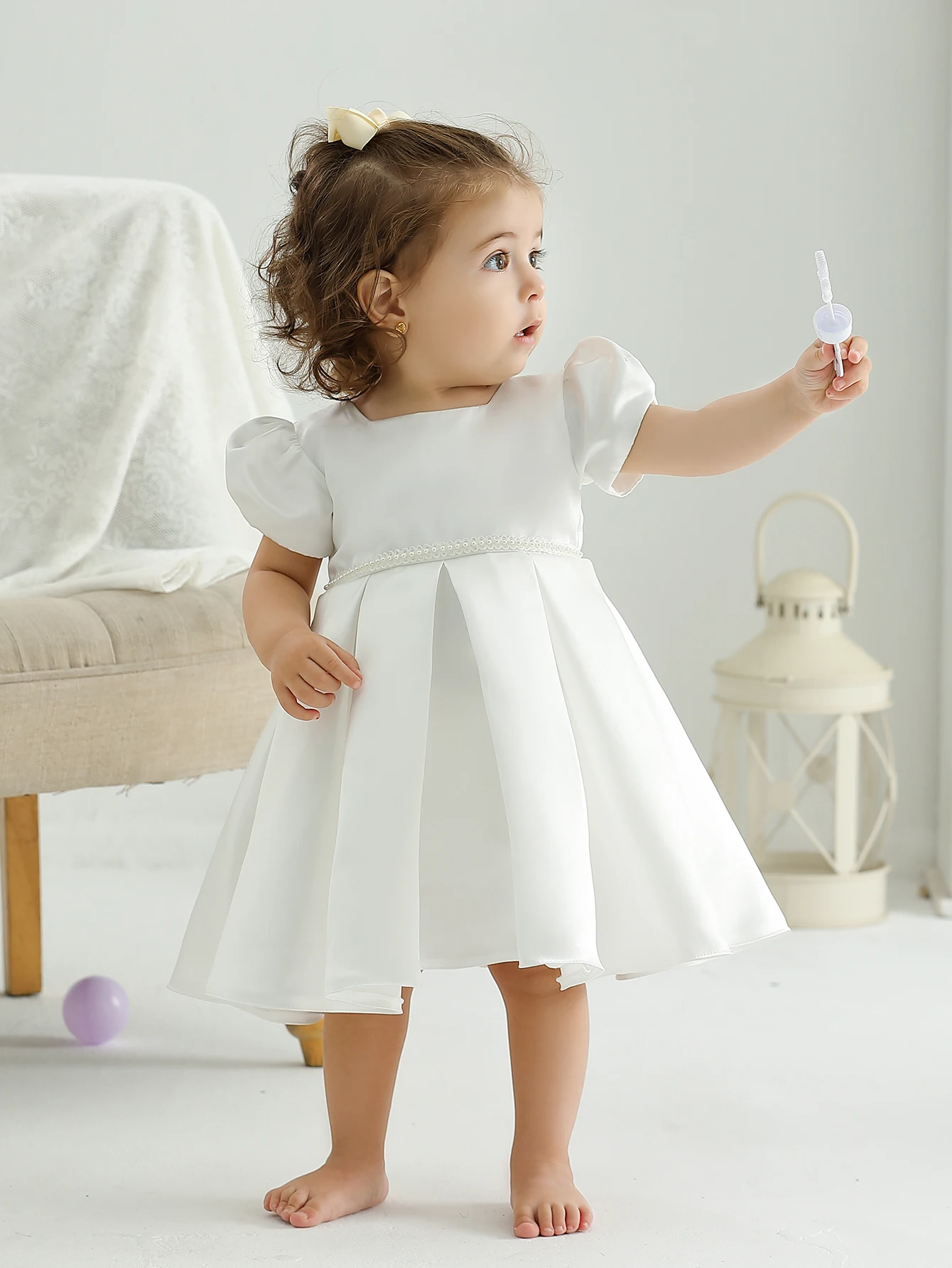 Soft Satin Hand Made Pearl Decoration Ruffle Elegant Party Wedding Baptism Baby Dress