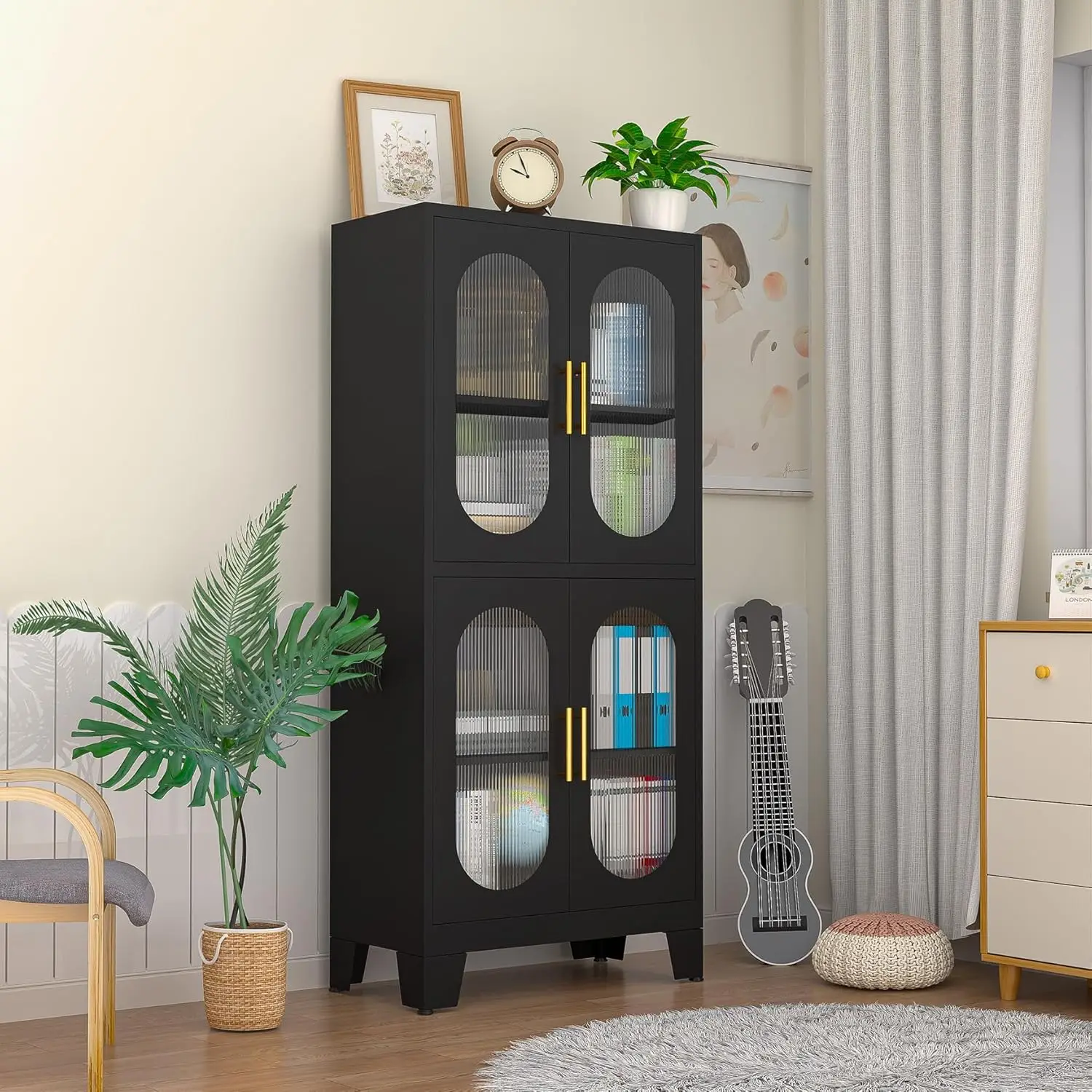 Black Metal Storage Cabinet with Doand 3 Shelves (2 Adjustable) for Kitchen, Laundry Room, Home Office, Kids Room