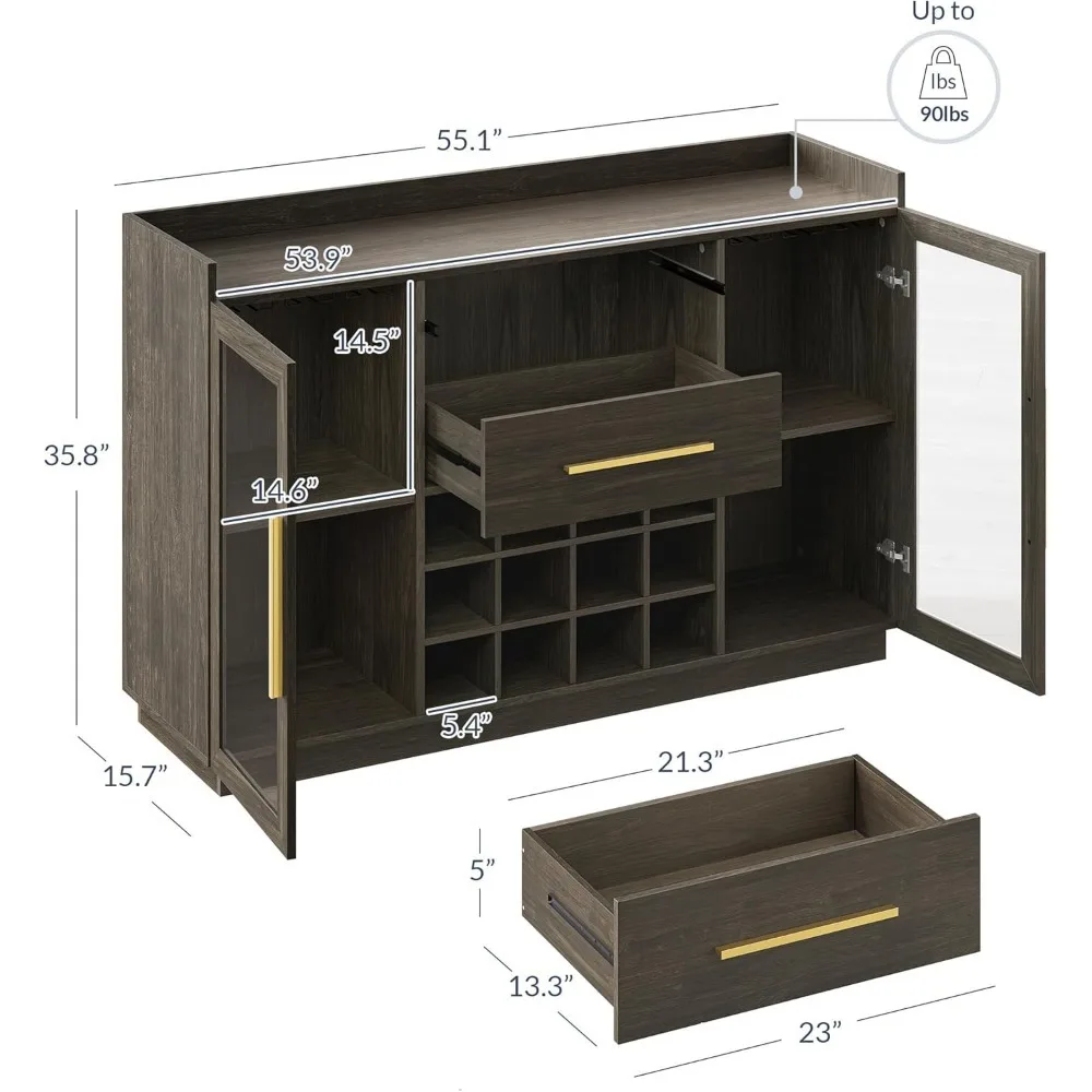 Wijnkast 55", dressoir met wijnrek en glazen houder, koffiebars voor thuis, vrijstaande drankkast met vitrinekasten