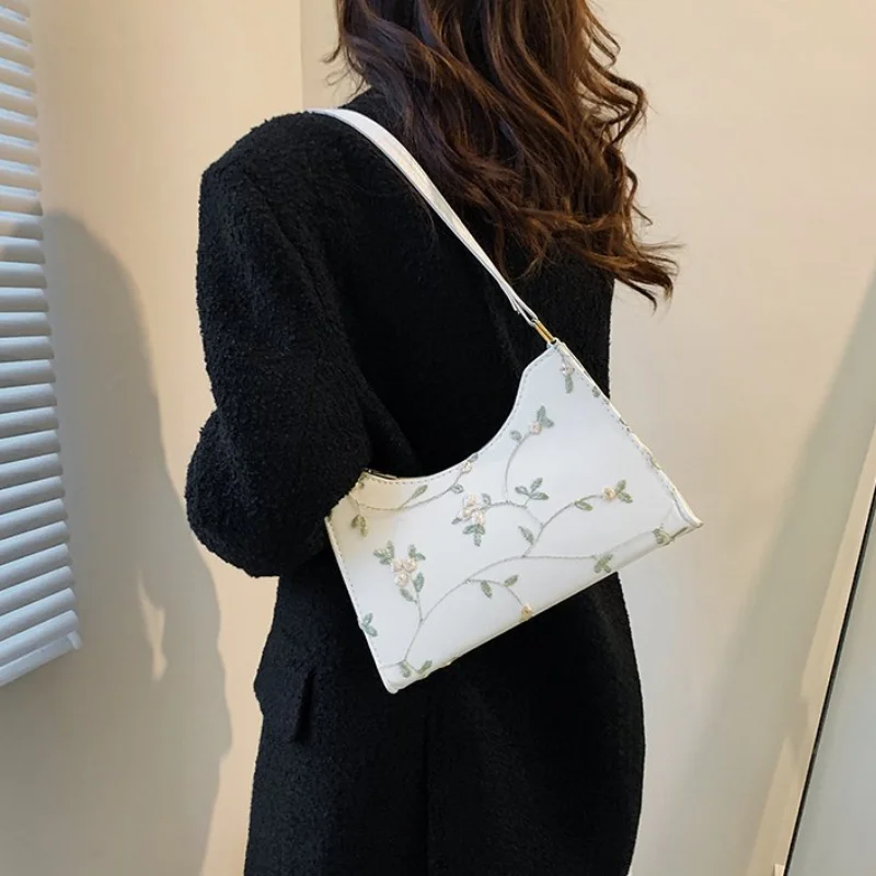 Summer Lace Floral Stitching Shoulder Bag for Women 2023 Soft PU Leather Underarm Bags Beach Travel Handbag Girls Small Tote Bag