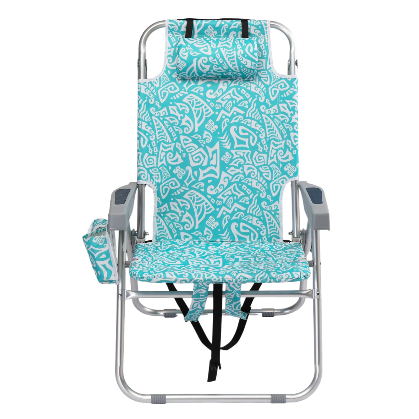 

5-Position Reclining Aluminum Beach Chair Teal Tribal Pattern with Headrest Cooler Bag Cup Holder Portable Outdoor 120KG