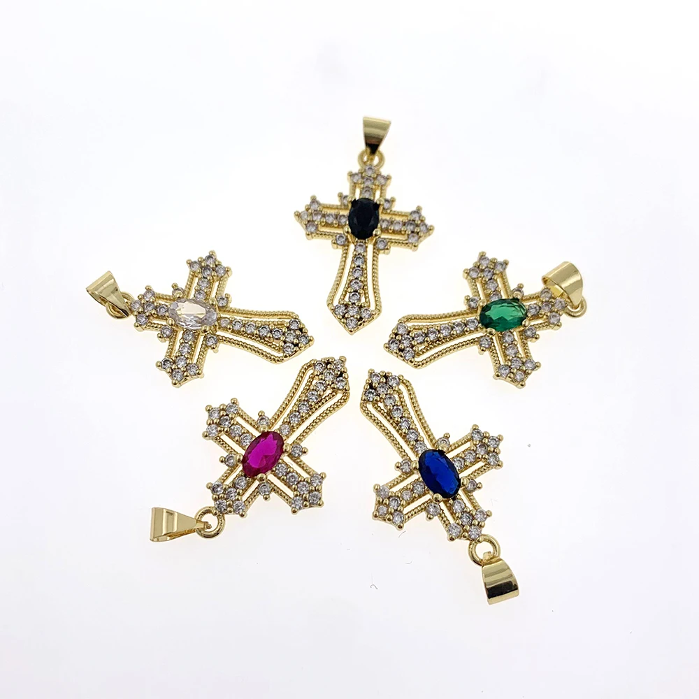 New Fashion Cross Charms wisiorek pozłacany kolorowy CZ sześcienny cyrkon Hip Hop fajny naszyjnik biżuteria akcesoria dla kobiet mężczyzn