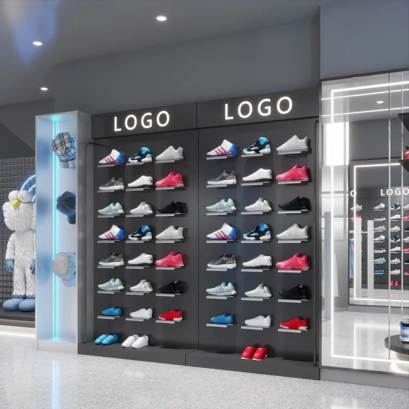 Custom. modern custom sports footwear logo steel frame black double wall mounted shoe display for retail shop