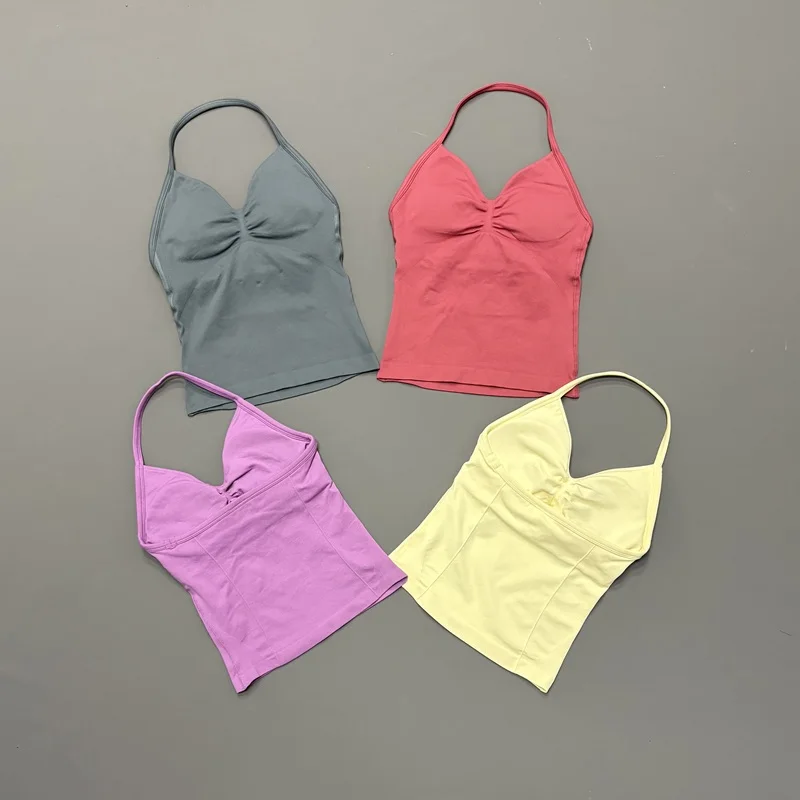 HISTELLO Halter Yoga Tank Top Women Sexy Strappy Backless Slim Fit Padded Breathable Gym Fitness Running Workout Sports Tops