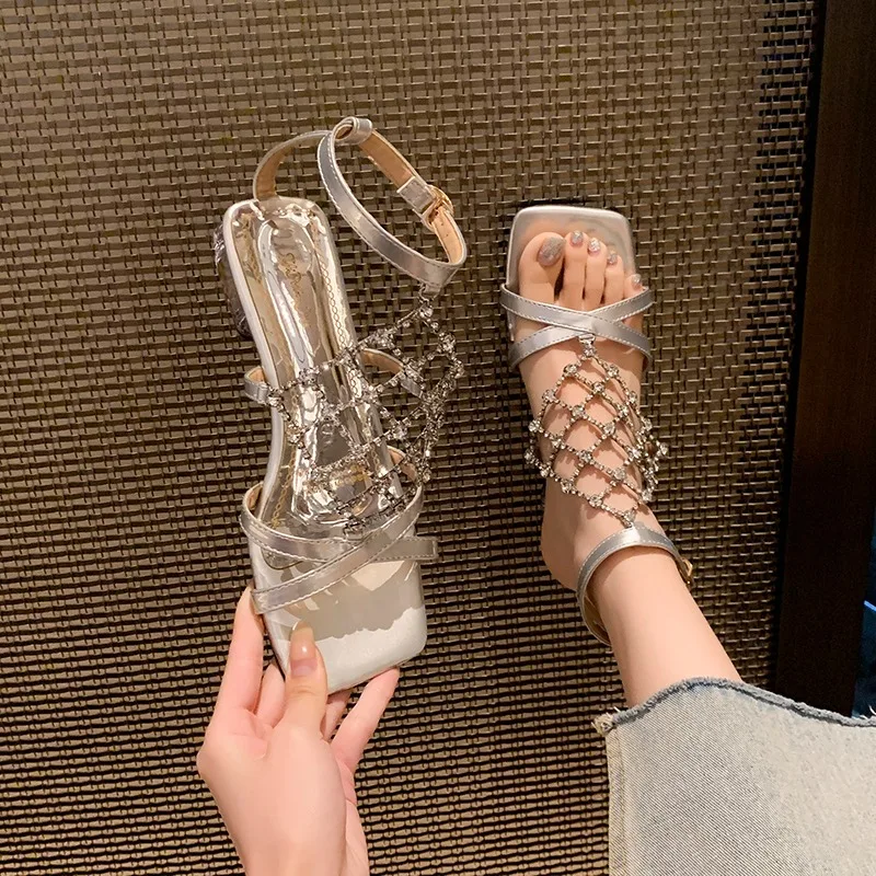 Temperament High Heels Women's Summer Sandals Square Toe Open Toe Rhinestone Metal Mesh Strap Alien Heel Women Roman Sandals