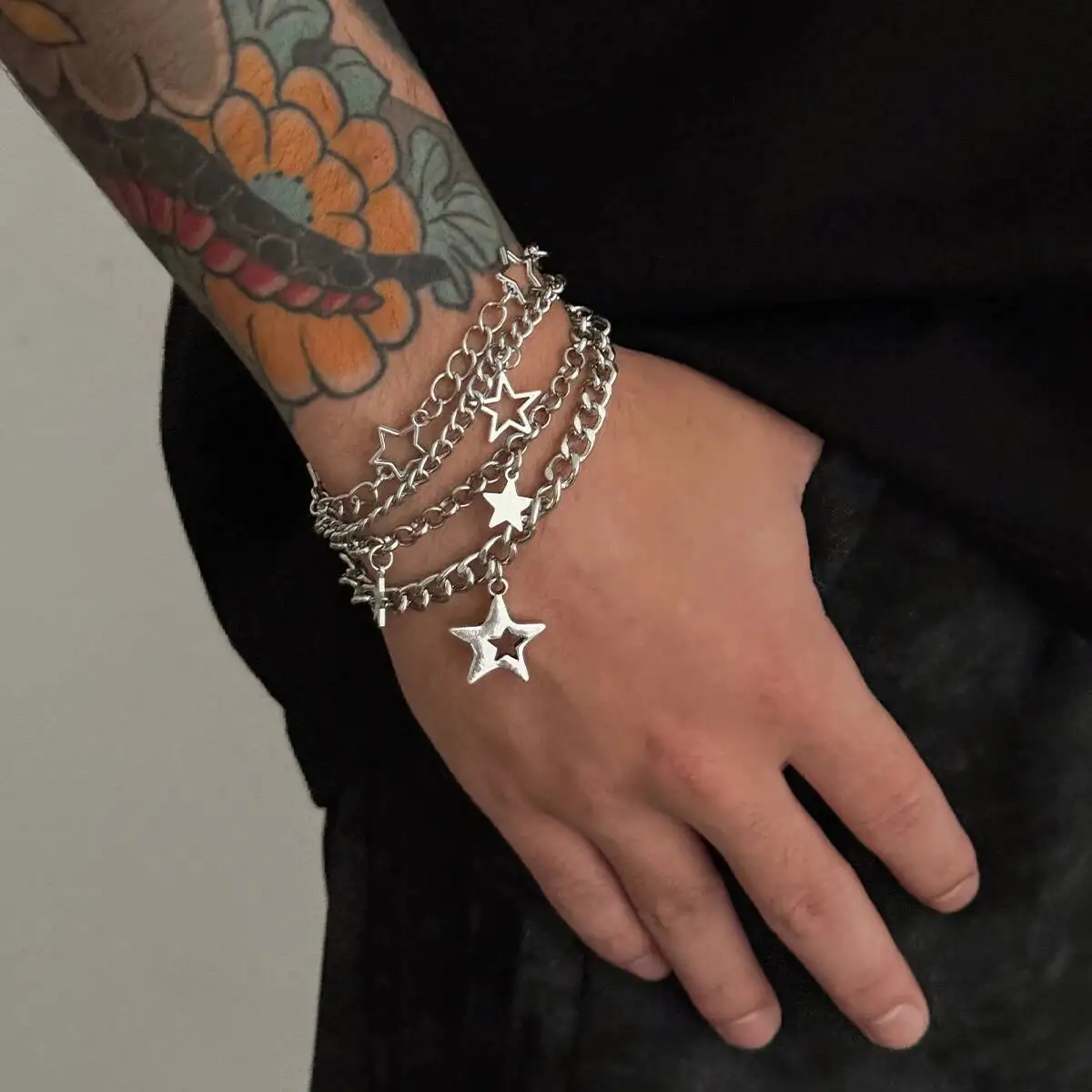 Salircon 4 Pcs/Set Punk Silver Color Hollow Pentagram Charms Bracelet Men Y2K Metal Chain Bracelet Couple Jewelry Accessory Gift