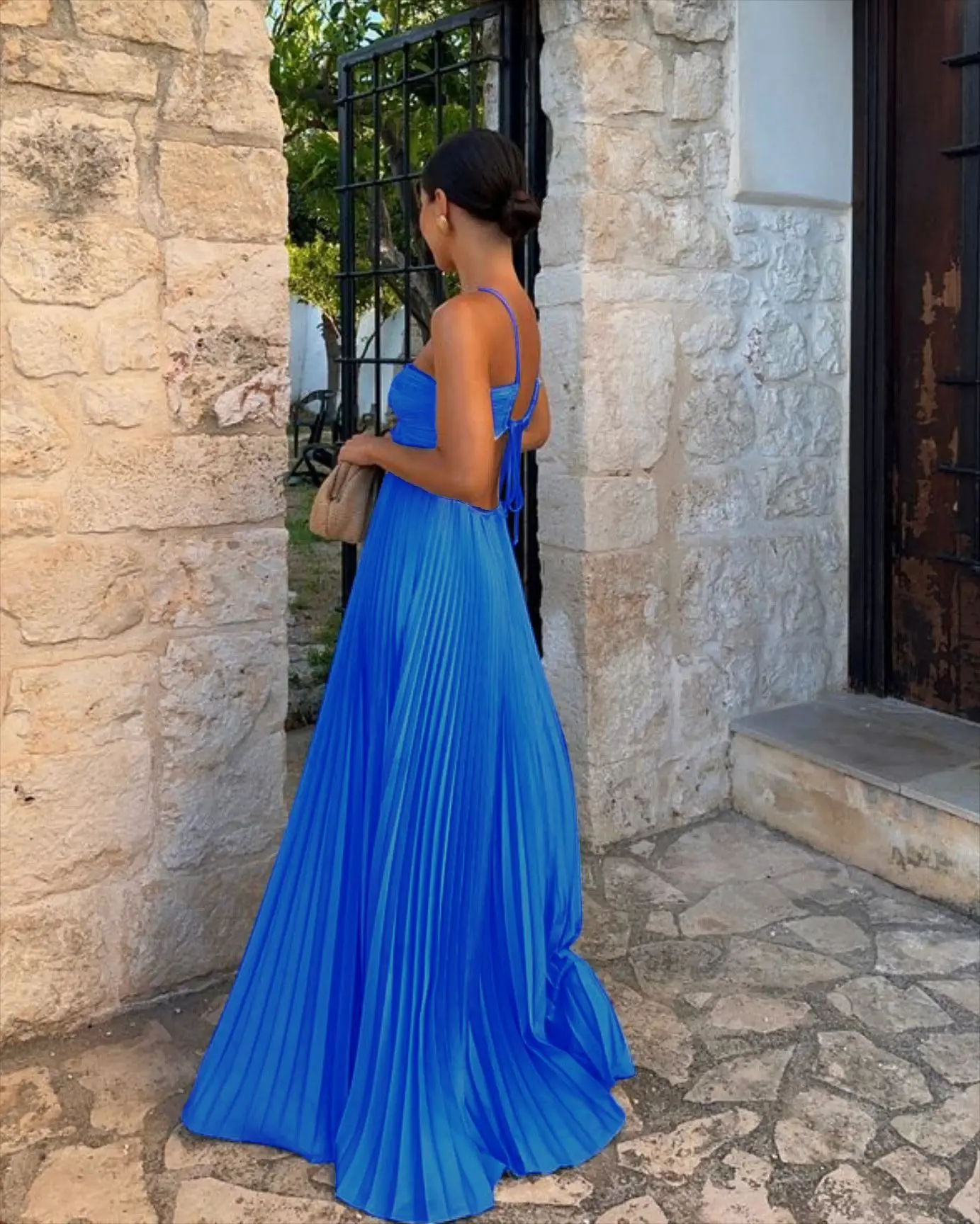 Blue Pleated Halter Long Dress Women's Solid Sleeveless Backless Lace-up Maxi Dress Summer Beach Vacation Evening Party Vestidos
