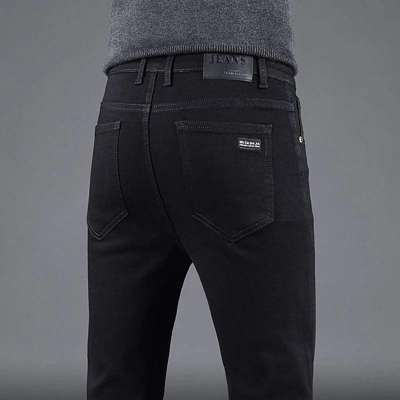 Primavera outono novo masculino puro preto magro jeans elástico calças retas negócios moda lazer coreano vintage denim calças masculinas