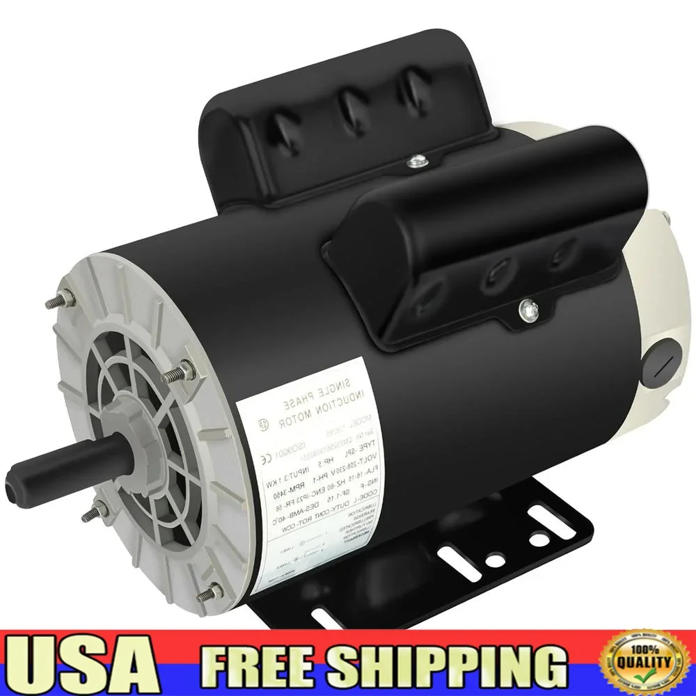 

5 HP Single Phase Air Compressor Motor 3450 RPM 208-230V 56 Frame ODP 5/8" Shaft Durable Rolled Steel