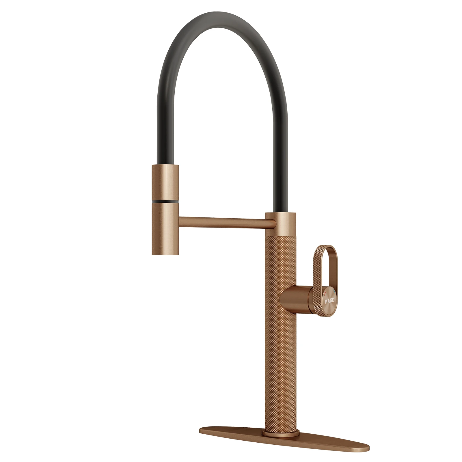 

MASO Pull-Out Kitchen Faucet, 360° Swivel, Black Rubber Neck, Single Handle, 2 Spray Modes, 304 Stainless Steel, Brushed Rose Gold