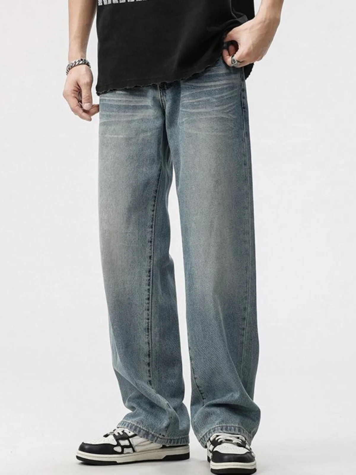 

Retro American Waed Denim Jeans Men Loose Straight Leg Casual Versatile Long Pants Spring Autumn Wear Resistant Straight Cut