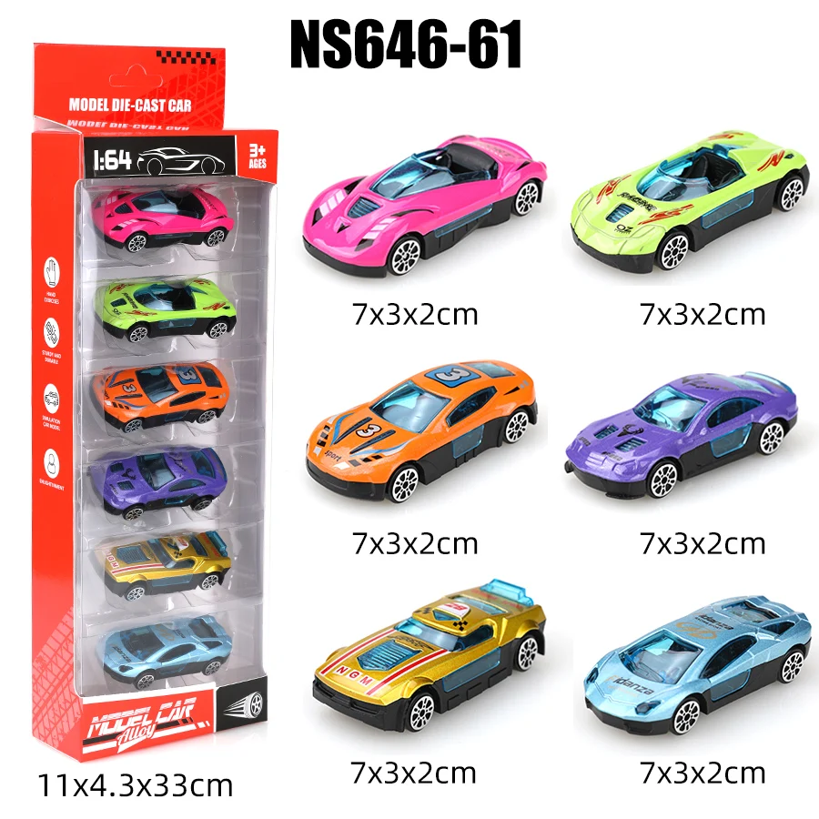 (En caja) Mini juego de coches de aleación de ciencia ficción colorido 1/64, 6 piezas, metal fundido a presión, juguete para niño, modelo deslizante, sin retroceso.