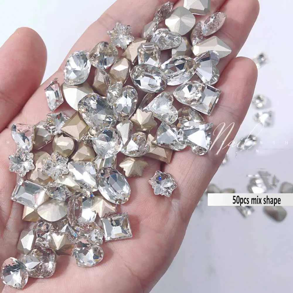Strass de unha de zircônia branca brilhante, 50 peças, redondo/coração/oval/quadrado, glitter, cristal, fundo pontiagudo, diamante, suprimentos de decoração de unhas