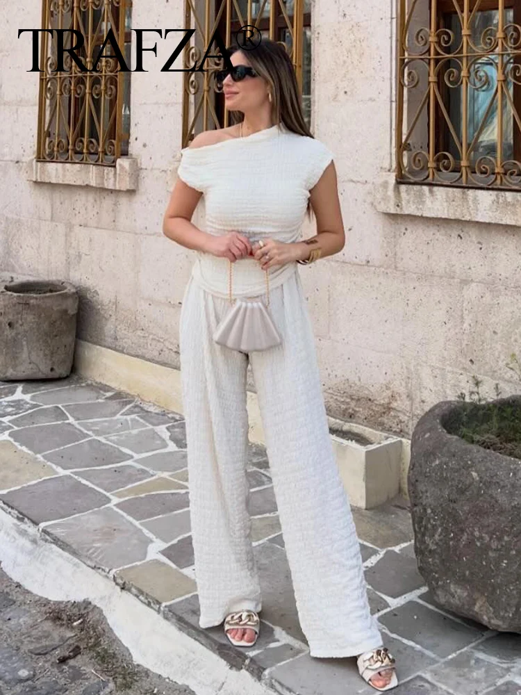 TRAFZA Summer Suit Woman Trendy Solid Skew Collar Sleeveless Top+Mid Waist Elastic Waist Wide Leg Pants Female Fashion Set Traf