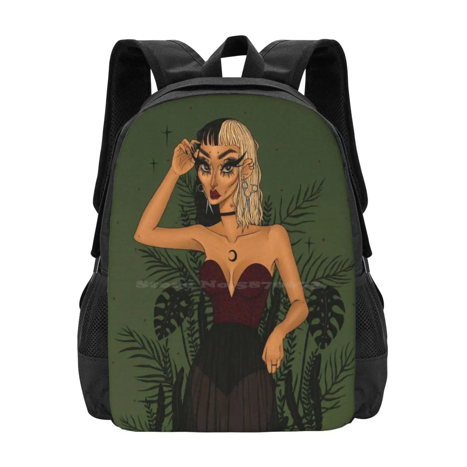 Untamed Hot Sale Schoolbag Backpack Fashion Bags Jungle Forest Wildlife Leopard Cheetah Plants Nature Feminine Green Witch Palm