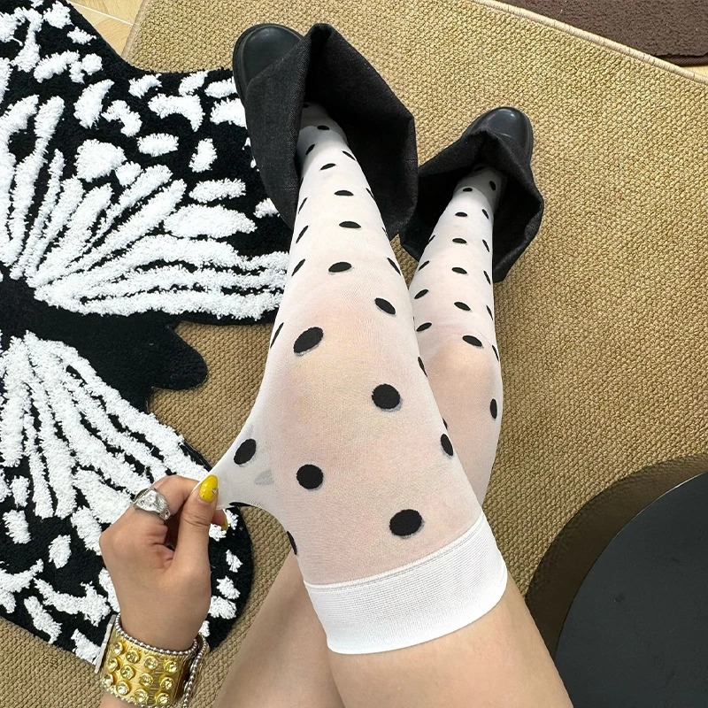 Thin and Sexy Polka Dot Knee-high Socks Women Velvet Tights Lolita Thin Thigh High Stockings K White Long Socks image 6