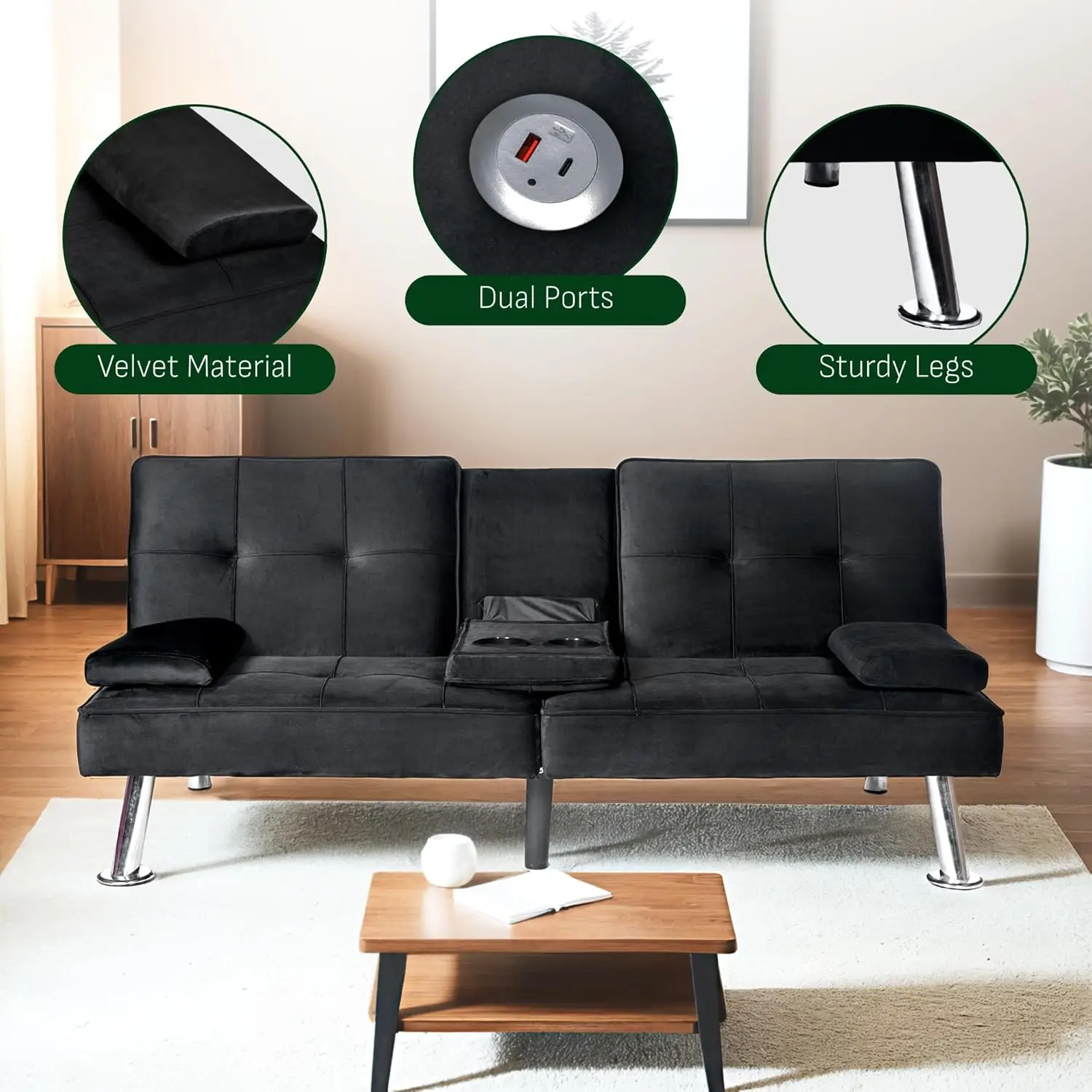 أريكة سرير فوتون مع منفذ شحن USB وType-C، أريكة نوم قابلة للتحويل مع مسند ظهر قابل للتعديل، مقعد Loveseat قابل للطي لـ Sm #5