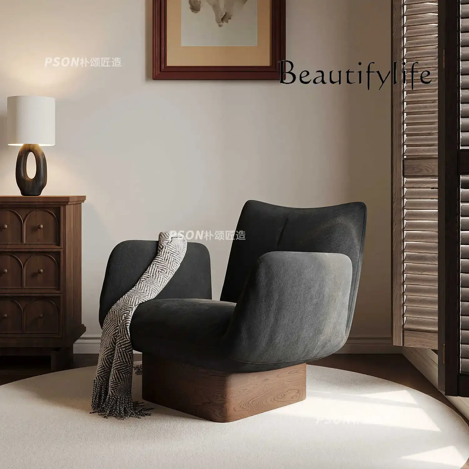 Solid wood single casual sofa chair, living room, medieval wabi sandy wind retro recliner, resting area, reception designer sing