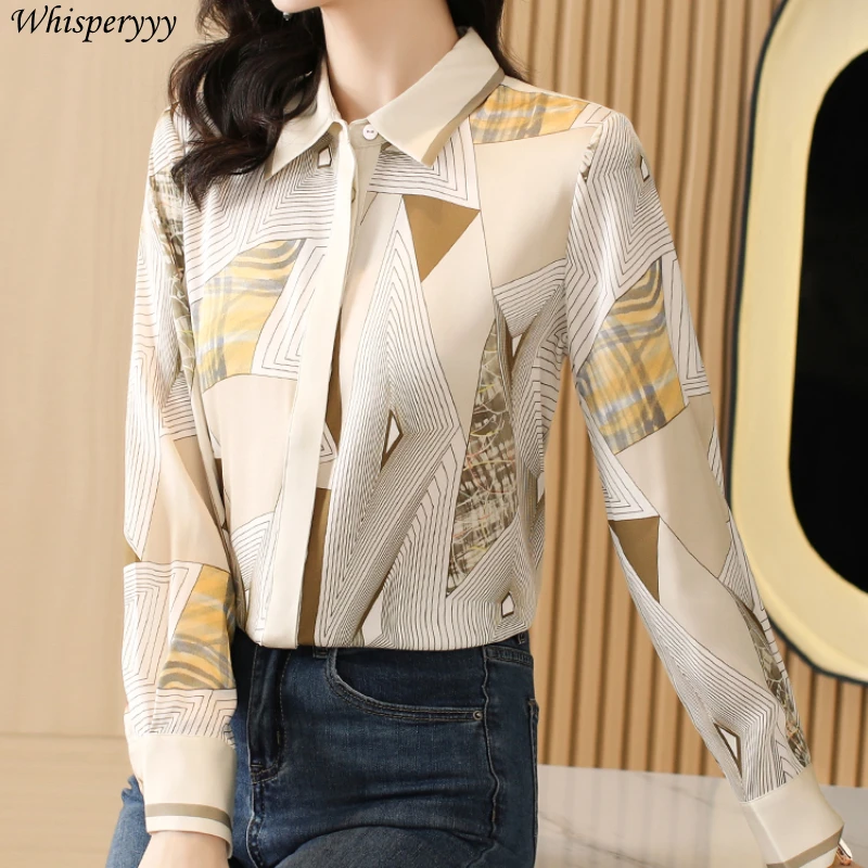 Shirt Women's Spring Long-sleeved Striped Printed Tops Design Sense  Blusas De Chifon Elegantes Button Lapel Shirt Female