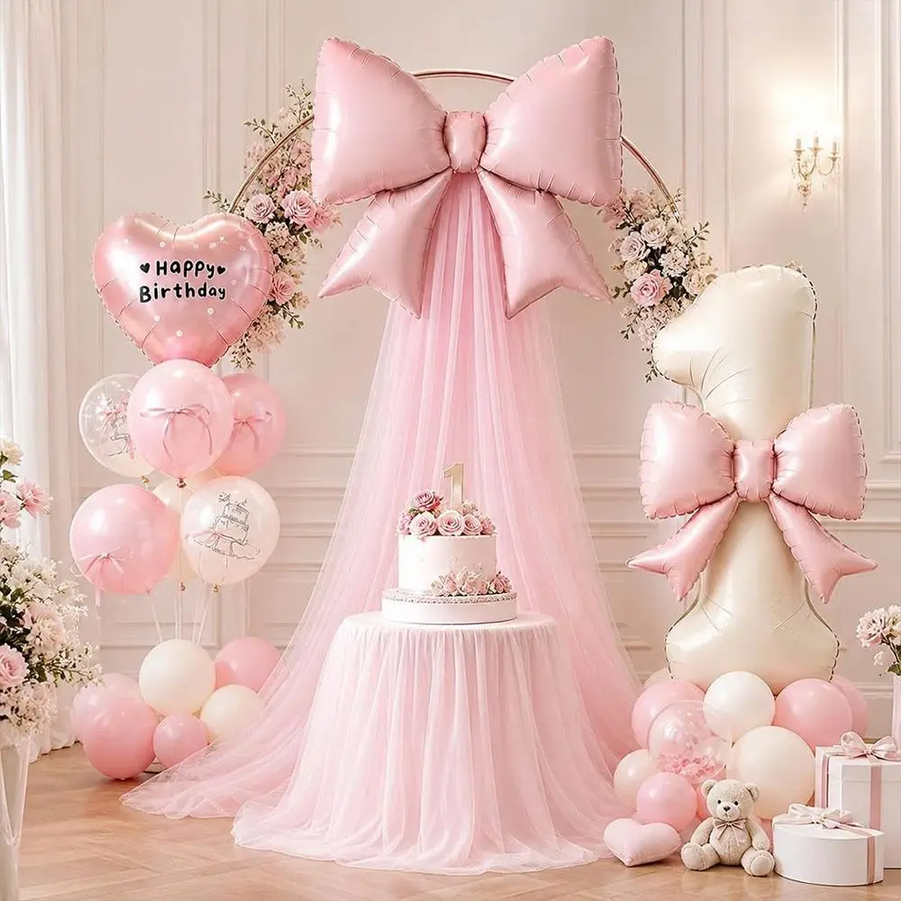 DIY Bowknot Design Bow Balloon Set 40 Inch Large 32 Inch Size Birthday Balloon Decoration Milk White Color Pink Mesh Included
