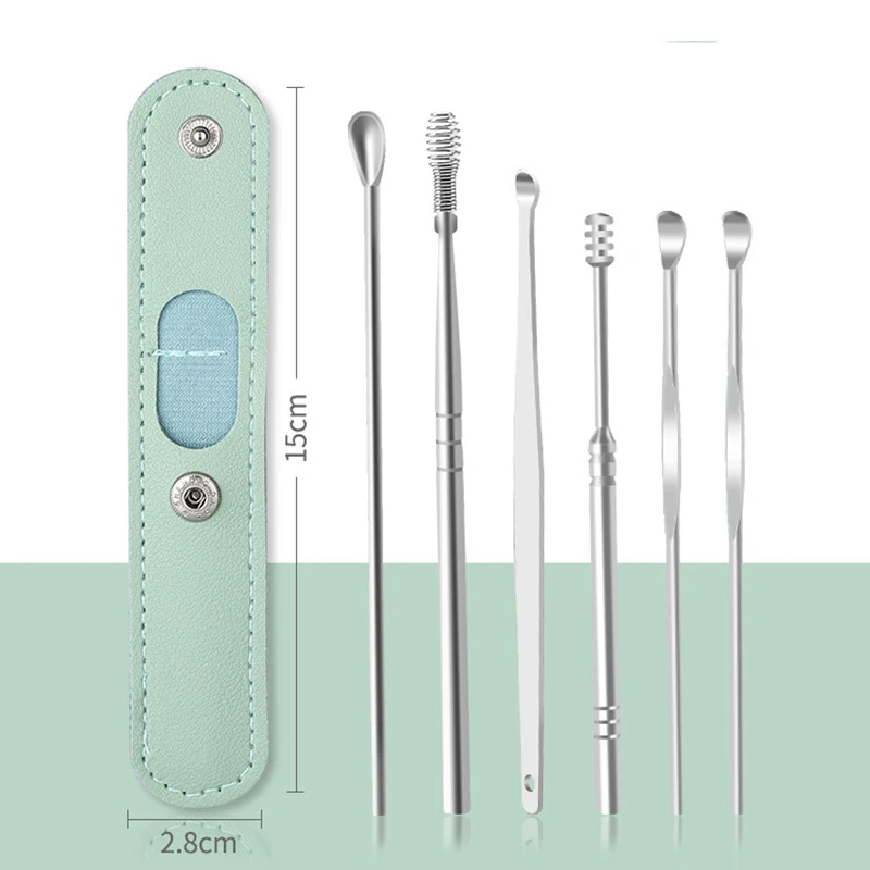 Ear Wax Removal Kit 6PCS Earpick Sticks Curette Spoon Ear Clean Health Care Professional Stainless Steel Ear Pick Cleaning