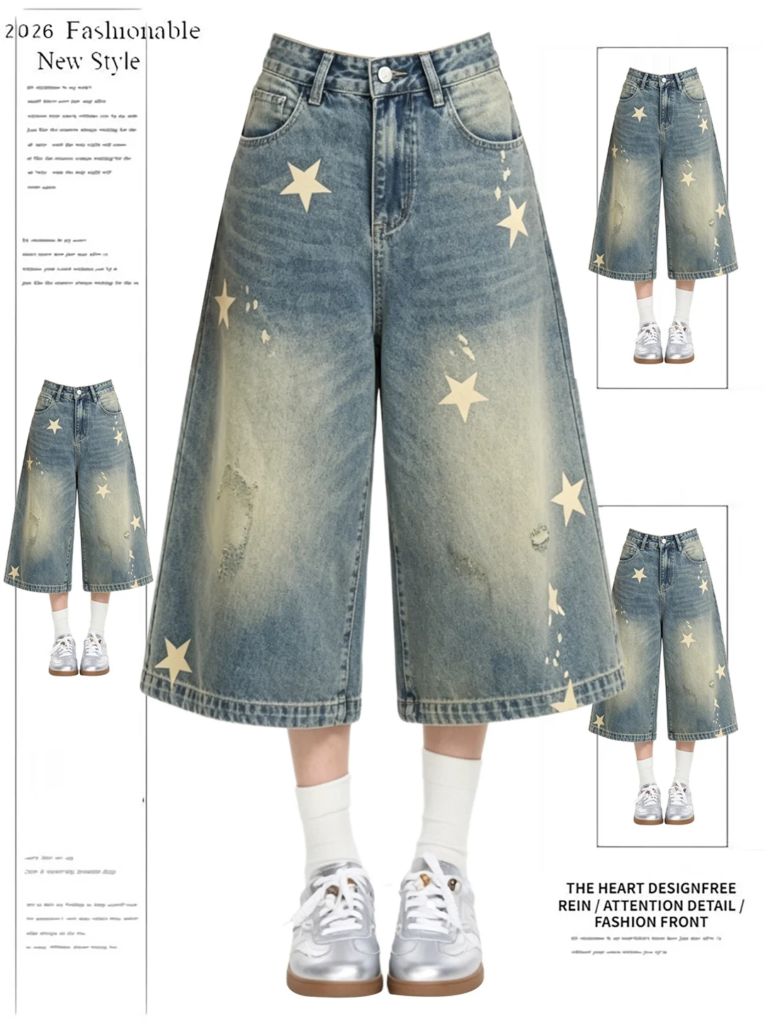 

Retro American Star Print Denim Seven-Foot Pants Women Summer Washed Loose Slim Wide Leg Casual Shorts High Waist Torn
