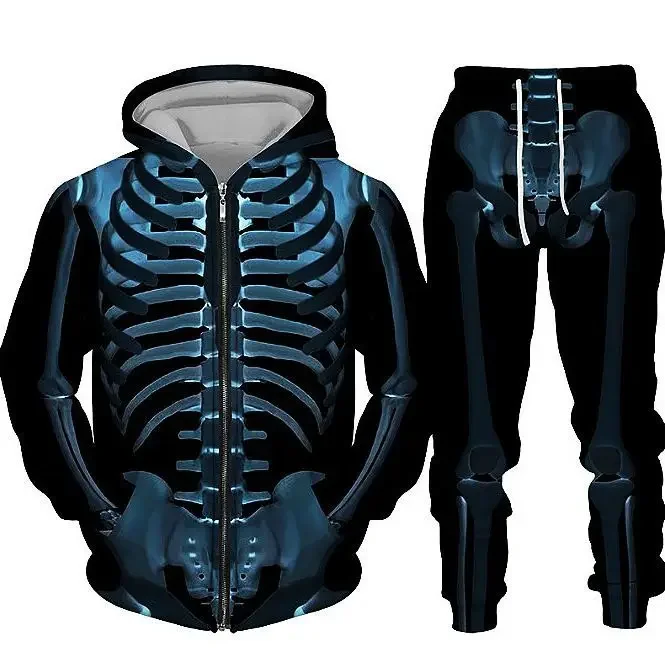 Men's Halloween 3D Skeleton Tracksuit Set - Functional Sportswear for Running & Gym Workouts