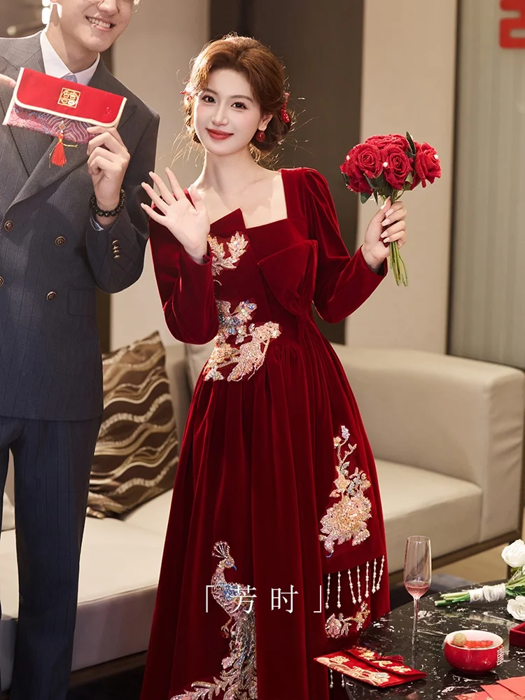 

Red Velvet Wedding Dr Long Sve Vintage Sle Marriage Ceremony Gown Floor Length Embroidered mid Waist Belt for Women