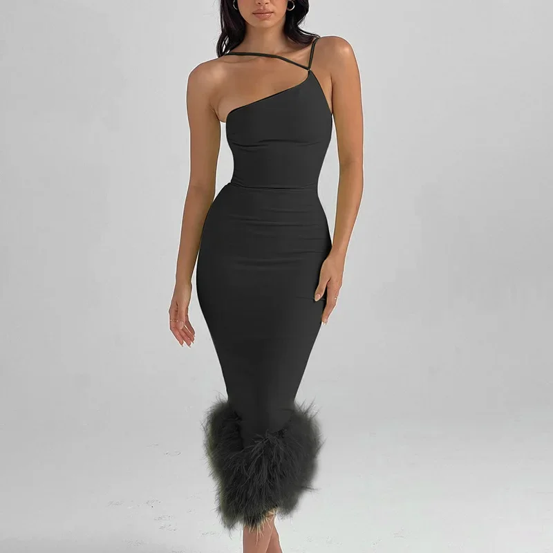 Women Sexy Feather Evening Dress One Shoulder Sleeveless Backless Party Dress Fashion Slim Waist Nightclub Dresses