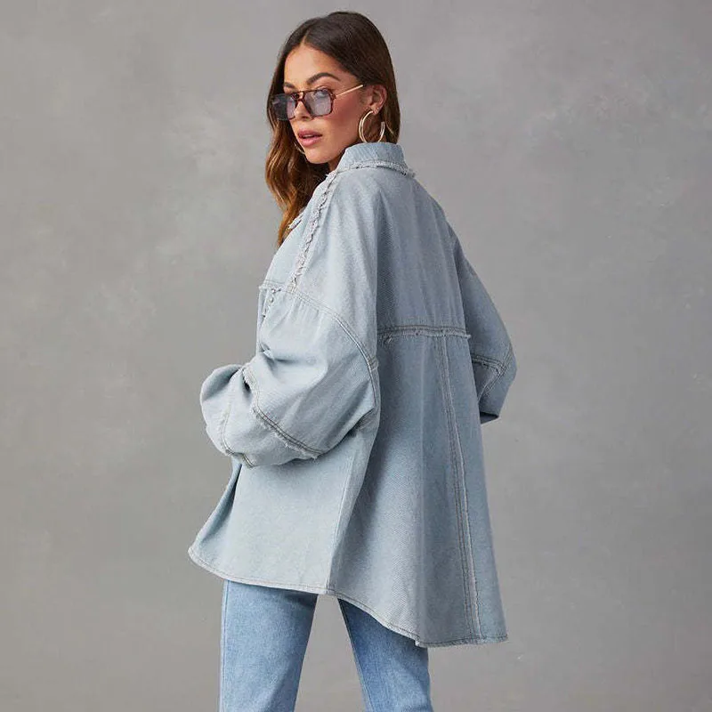 2024 New Arrivals Women's Denim Coat Streetwear Style with Rivet, Loose Mid-length Fashion Jacket