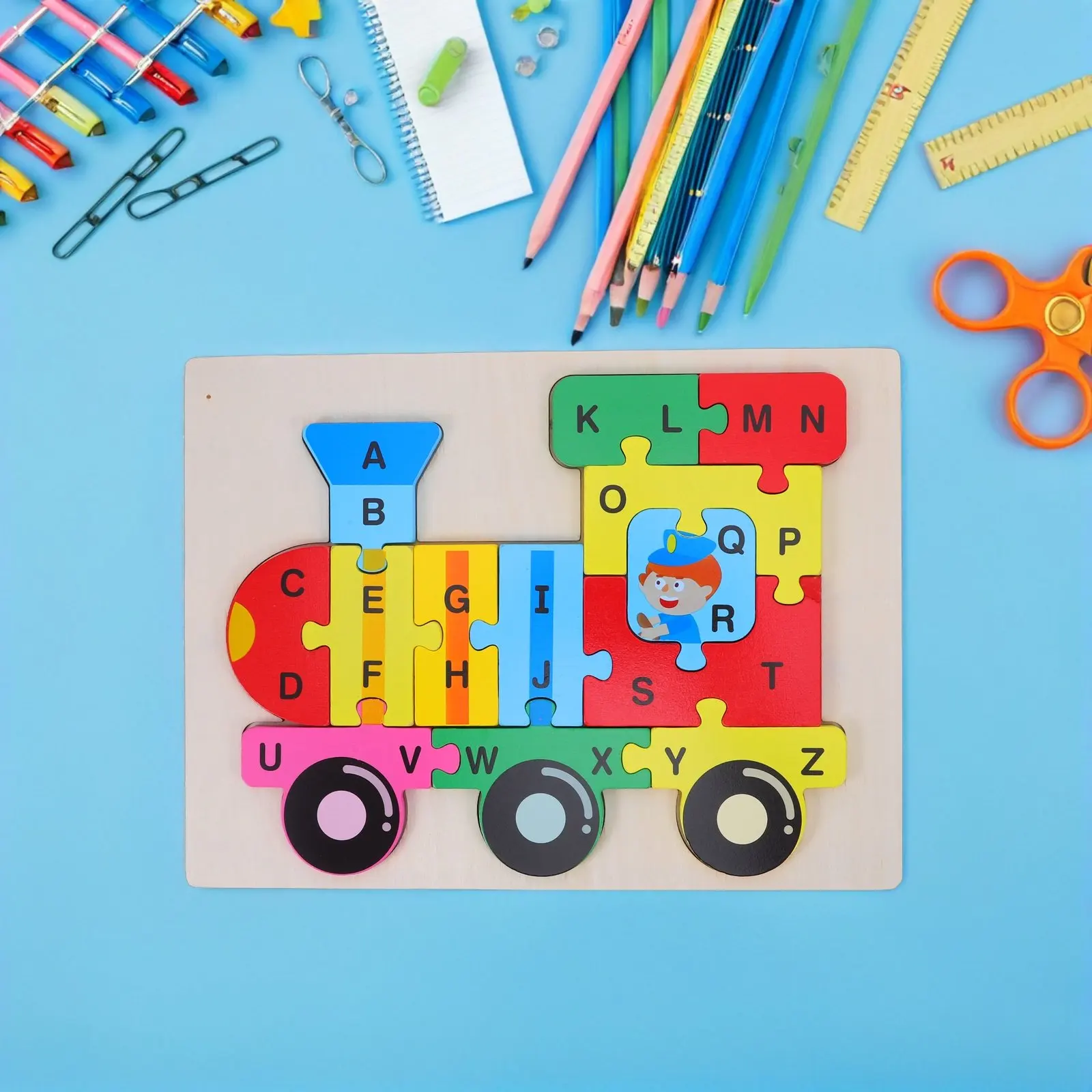 1Set Montessori Wooden Abc Puzzle Train Early Learning Alphabet Recognition Board Preschool Educational Puzzle for Toddlers