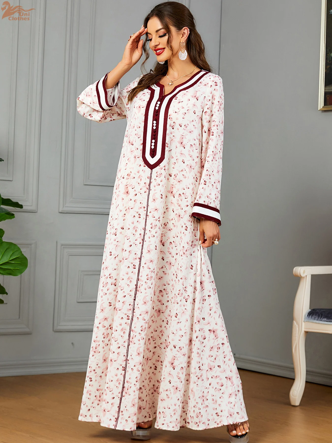 Uni Fashion Arabic Robe Jalabiya Notched V-Neck Floral Dress For Muslim Woman Dubai Moroccan Elegant Casual Loose Abayas