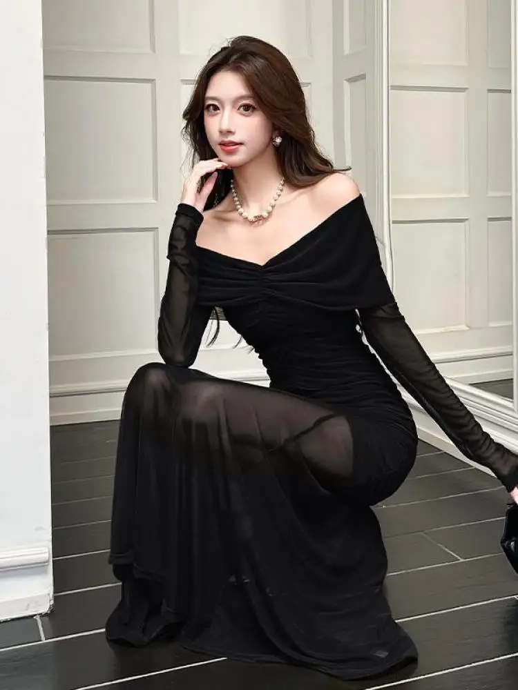 Robe de Club en maille Patchwork noir et rouge, col en V, manches longues, Sexy, élégante, épaules dénudées, vacances, plissée, portefeuille aux hanches, automne
