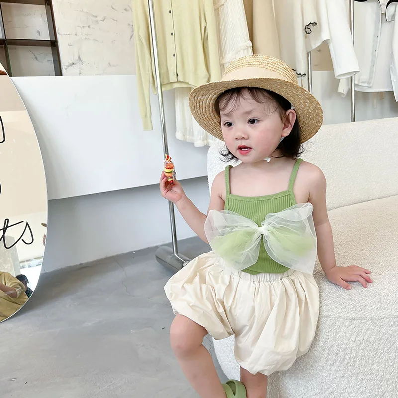 

Children Clothing Set Toddler Girls Clothes Summer New Vest Bow Baby Slings Pumpkin Shorts Suit Kids Outfits