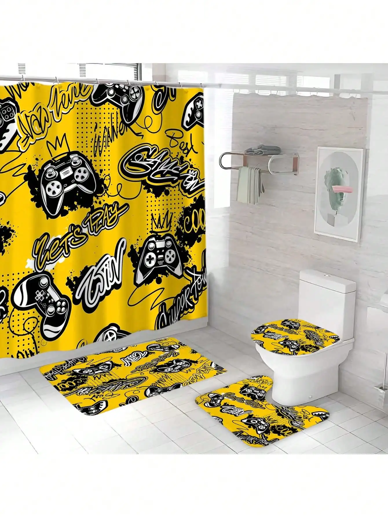 

4pcs Video Game Theme Bathroom Set, Includes Waterproof Shower Curtain, Anti-Slip Rug, Toilet Lid Cover, Bath Mat & 12pcs
