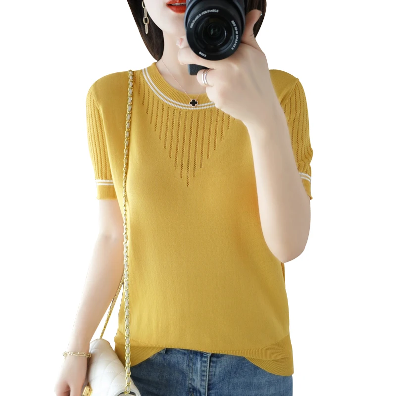 Women New Summer Short-sleeved Tees O-Neck Slim 100% Cotton Linen Hollow Pullover T-shirt Knitted Base Casual Sweater