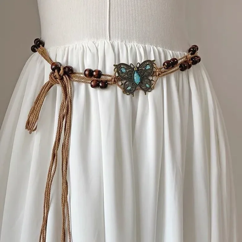 Bohemian Style Butterfly Water Diamond Woven Ethnic Style Wooden Bead Women's Belt Casual Vacation Style Waist Rope