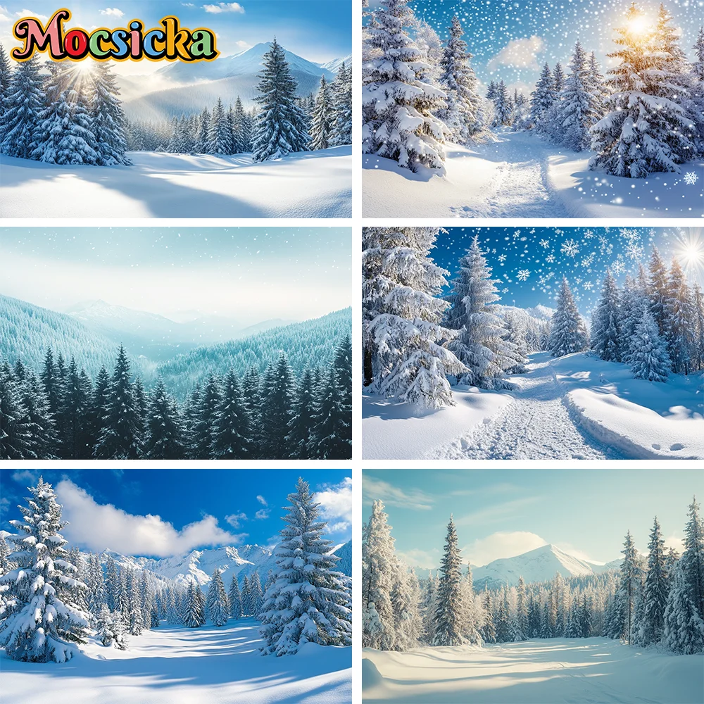 

Mocsicka Winter Snow Forest Backdrop White Xmas Trees Wintry Alps Scene Christmas New Year Party Portrait Photography Background