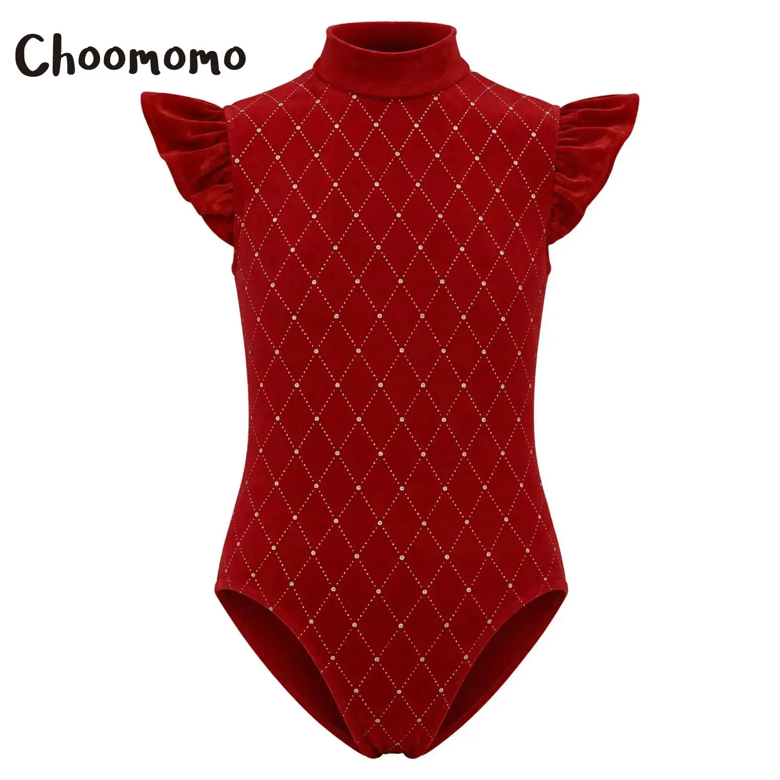 Kids Girls Metallic Rhombus Velvet Ballet Leotard Mock Neck Ruffled Cap Sleeves Keyhole Back Gymnastics Figure Skating Bodysuit