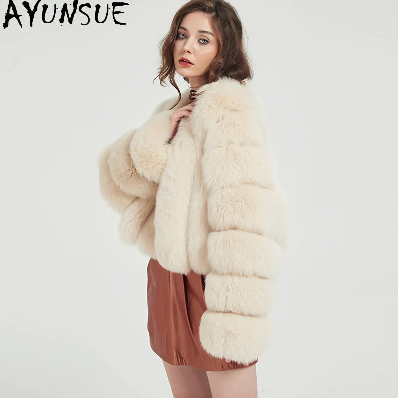 Płaszcz damski z naturalnego futra lisa AYUNSUE, cały z futra lisa, zimowe ciepłe płaszcze damskie z prawdziwego futra, nowość w kategorii płaszczy, krótki fason, Casaco Feminino
