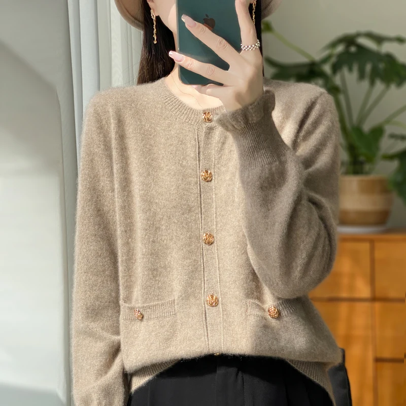 autumn and winter New 100% merino wool cashmere sweater women\'s round neck pocket cardigan solid color knitted coat loose top