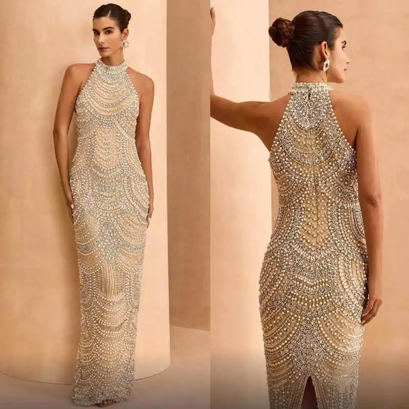 

Роскошные свадебные платья русалки с бисером и жемчугом, изысканные свадебные платья без рукавов с кристаллами, индивидуальное платье с высоким воротом, Vestido De Novia