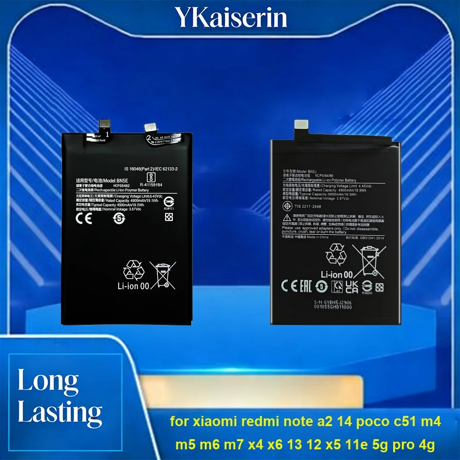 

Аккумулятор для мобильных телефонов Xiaomi Redmi Note A2, 14, Poco C51, M4, M5, M6, M7, X4, X6, 13, 12, X5, 11E 5G Pro 4G, 5000-5110 мАч (BN5F, BN5H, BP4K)